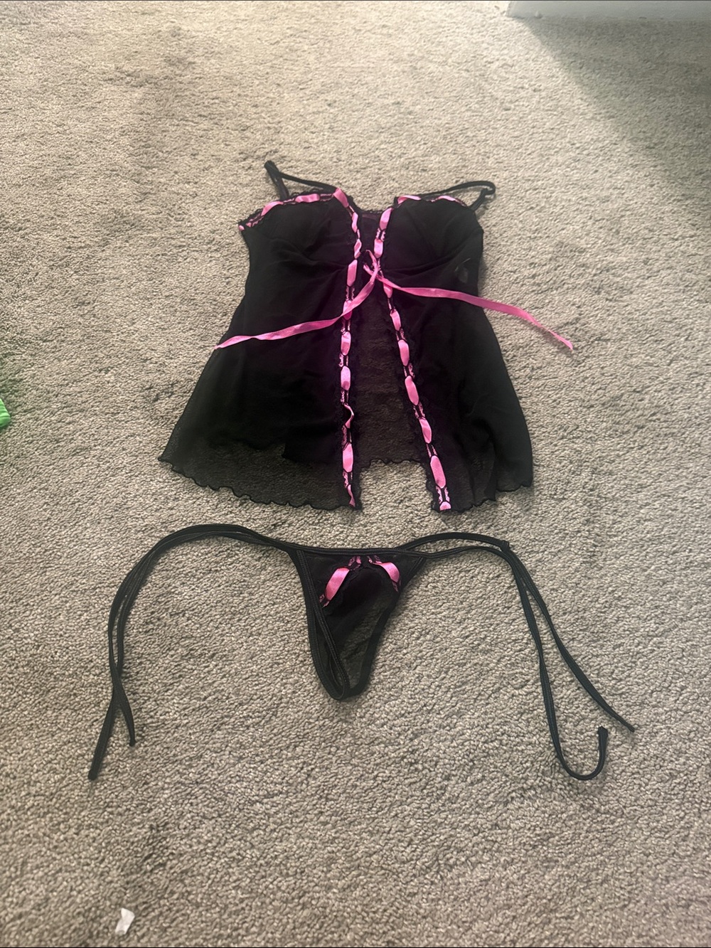 Sheer Black Chemise with Pink Ribbon Trim and Matching Thong